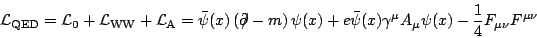 \begin{displaymath}
\mathcal{L}_{\mathrm{QED}}=\mathcal{L}_{0}+\mathcal{L}_{\mat...
...x)\gamma^{\mu}
A_{\mu}\psi(x)-\frac{1}{4}F_{\mu\nu}F^{\mu\nu}
\end{displaymath}
