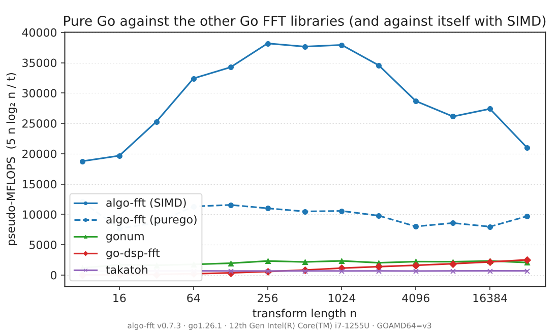 The pure-Go build compared against the other Go FFT libraries