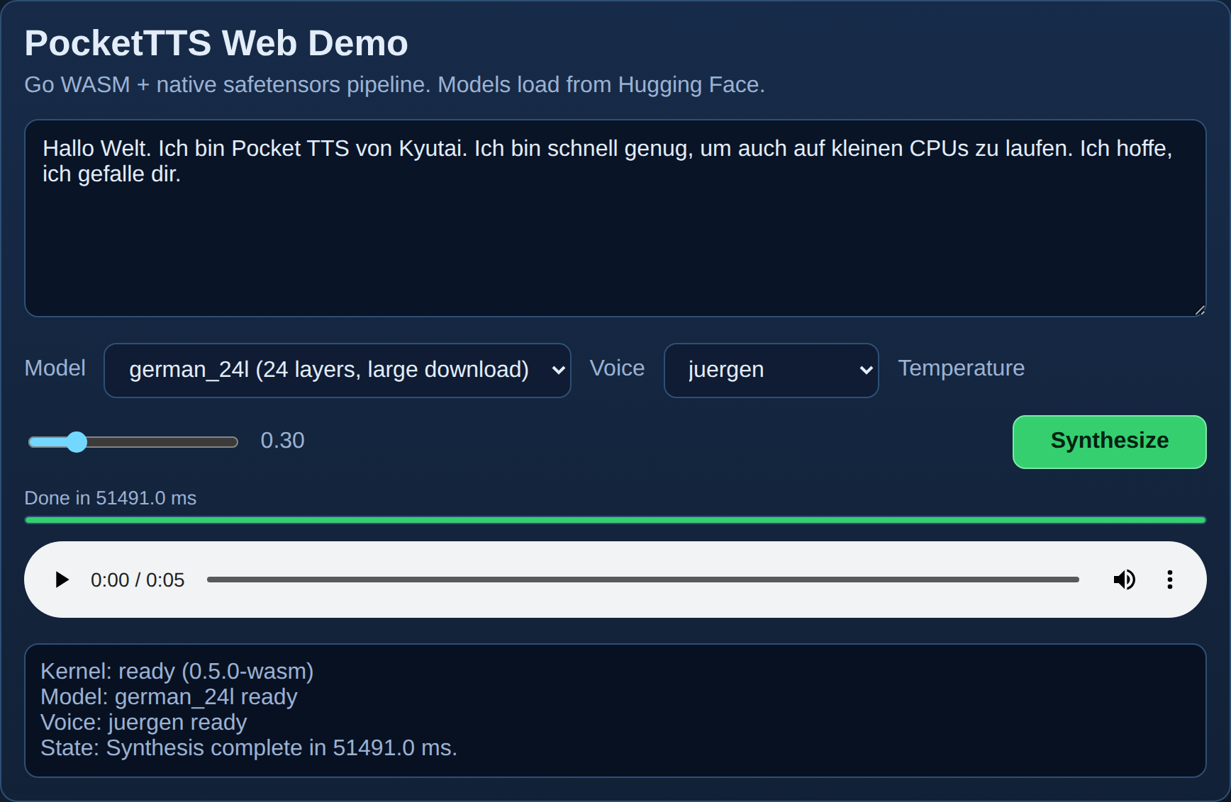 The go-pocket-tts web demo after synthesizing German text with the 24-layer german_24l model and the voice juergen