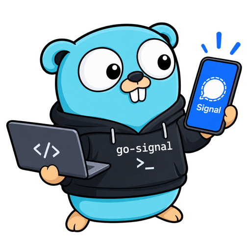 The Go gopher in a go-signal hoodie, holding a laptop and a phone with Signal