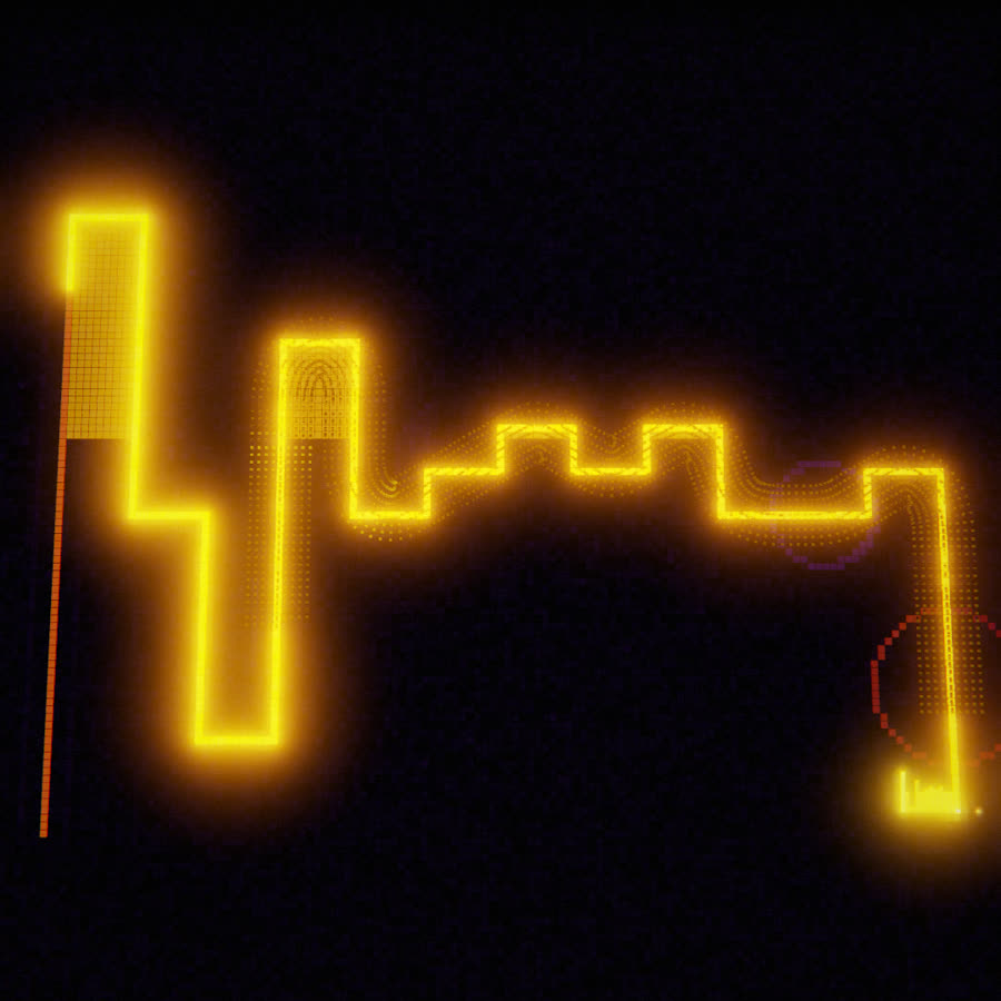 Top-down view of the glowing route: twelve columns of different heights, like a skyline