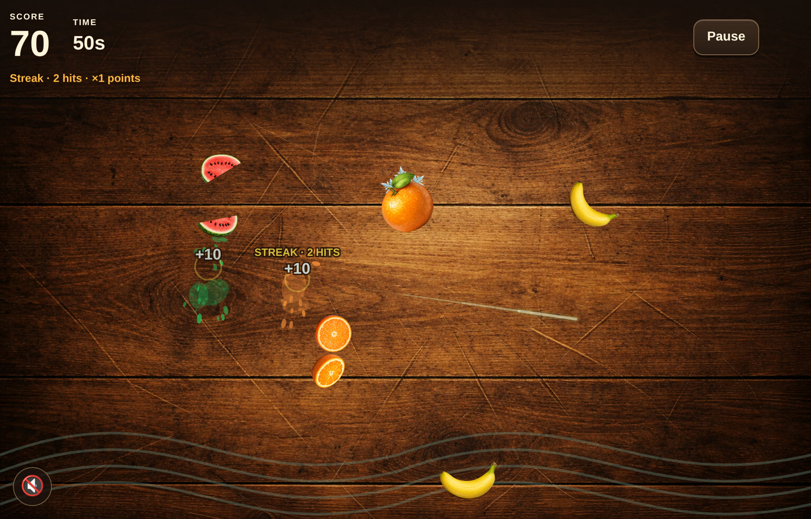 An Arcade round in progress: a watermelon and an orange cut into halves with juice splashes, +10 score labels, a fading blade trail and a streak counter in the HUD