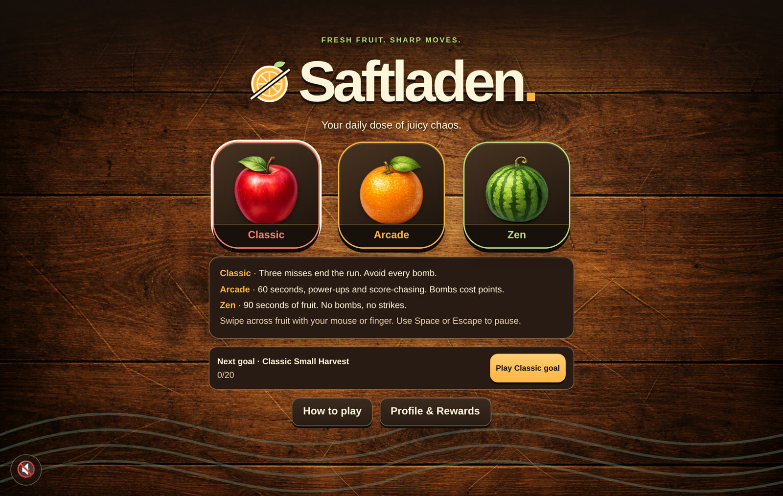 The Saftladen main menu: the wordmark with a sliced orange, three mode cards for Classic, Arcade and Zen, a short description of each mode and the next goal