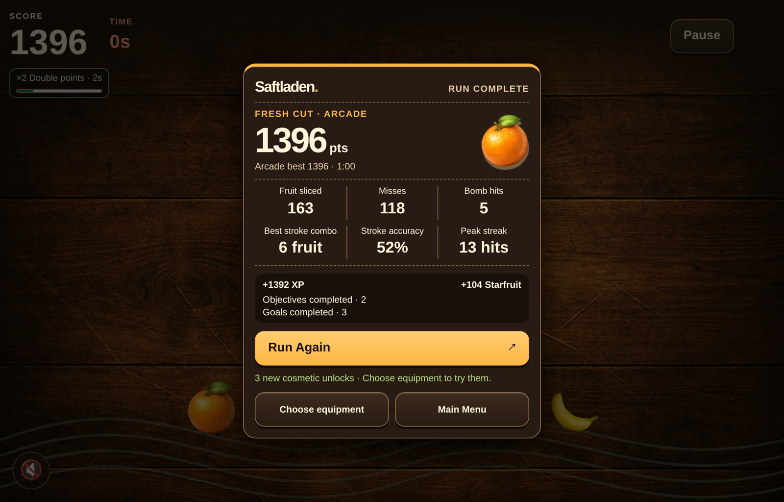 The Saftladen results dialog after an Arcade run: 1396 points, 163 fruit sliced, 118 misses, 5 bomb hits, best stroke combo 6 fruit, 52% stroke accuracy, a peak streak of 13 hits, and the XP and Starfruit earned