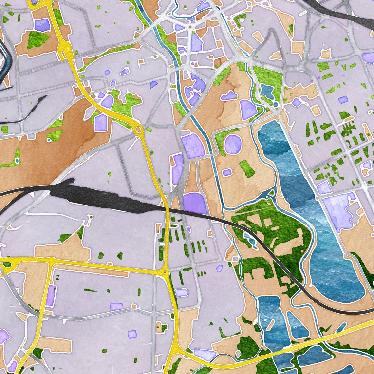 Watercolor map of Hannover-Linden and the area around it: grey-violet built-up blocks, sandy open land, green parks, the thin blue Ihme in the middle, the Maschsee as a large blue lake on the right, yellow main roads and dark railway lines.