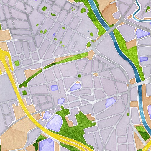 Watercolor map of Linden at zoom 15: grey-violet street blocks with uneven edges, small green parks and courtyards, a yellow main road on the left and the blue Ihme with green banks on the right.