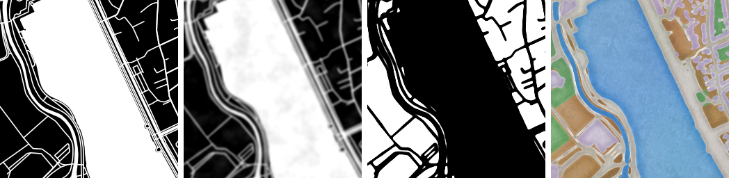 Four stages of one tile at the Maschsee: a sharp black-and-white mask of water and roads, the same mask blurred with noise, the thresholded land mask with frayed edges, and the finished watercolor tile.
