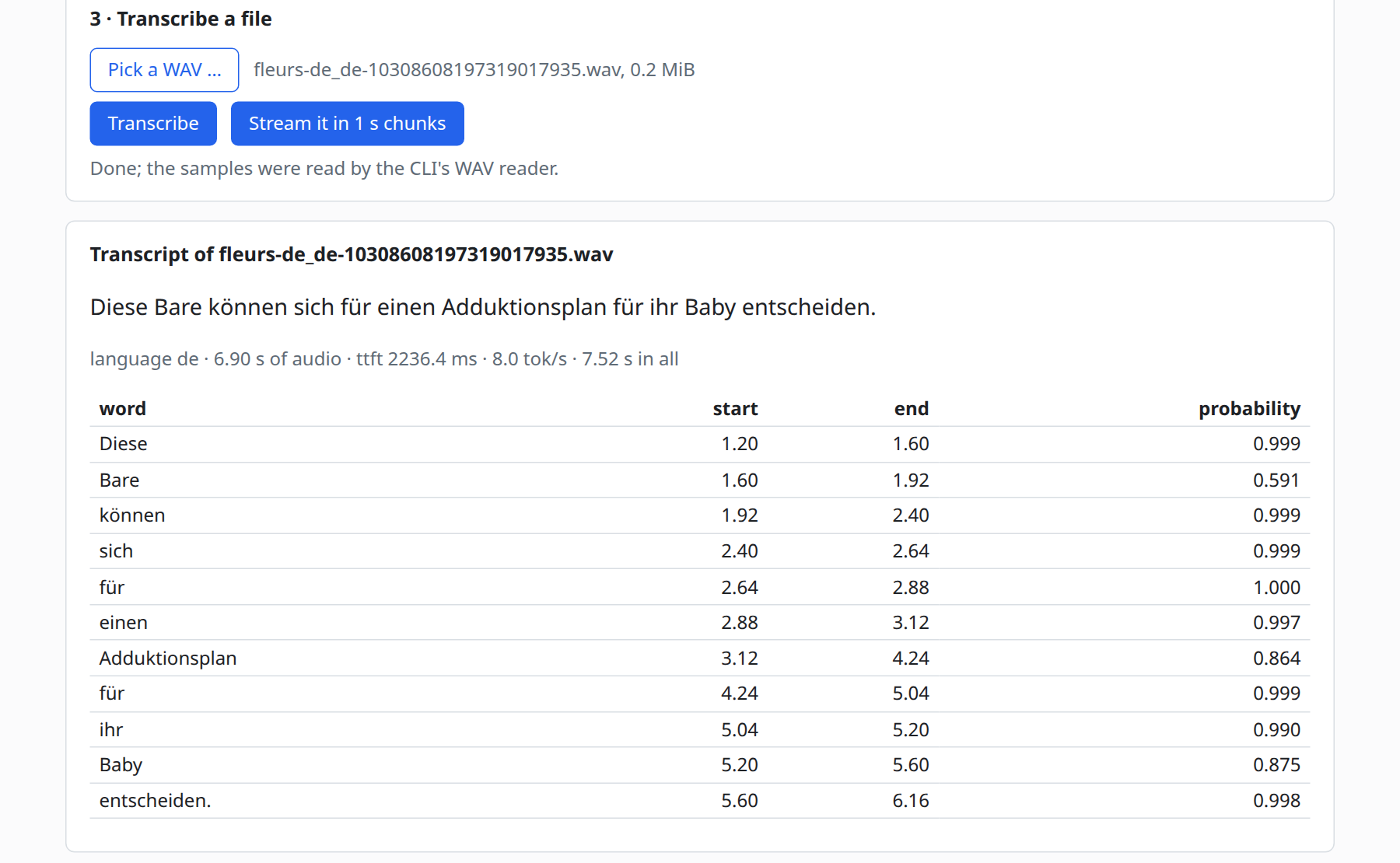 The go-whistle web demo in a browser: a German FLEURS clip has been transcribed to